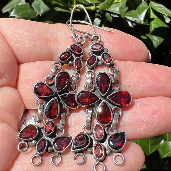VINTAGE LARGE LONG DROP DANGLING GARNET CHANDELIER EARRINGS 925 SS STATEMENT